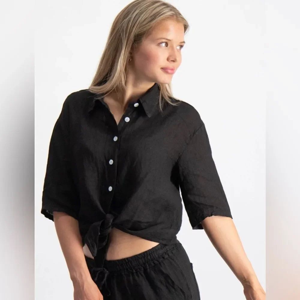 Lola River Black Button-Up Top Blouse